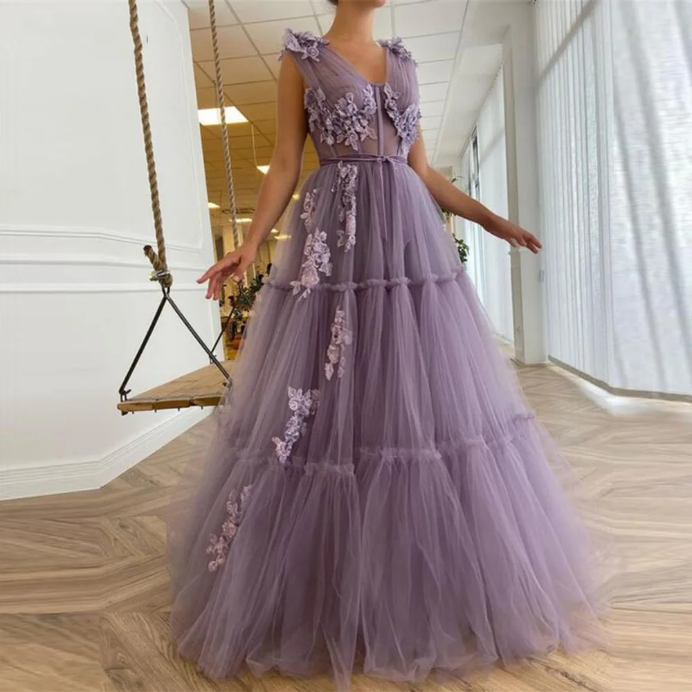 

Tulle Prom Dress For Women 2022 V-Neck Sleeveless A-Line Party Gowns Lace Appliques Floor-Length Evening Dresses Custom Made
