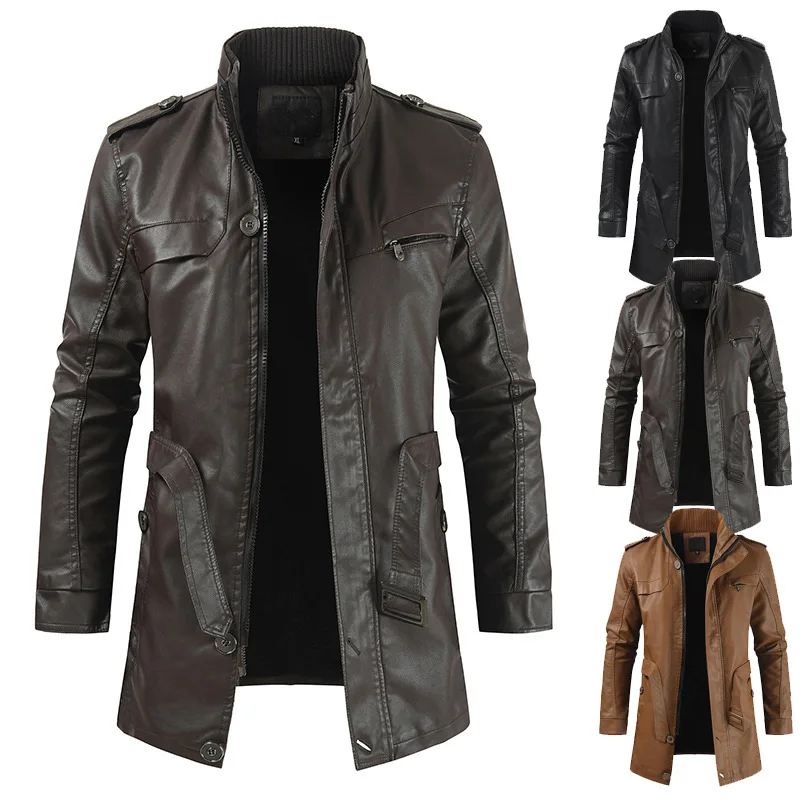 

Men Faux Leather Jacket Spring Autumn Zipper PU Motorcycle Straight Jacket Streetwear Vintage Windproof Slim Stand Collar Jacket