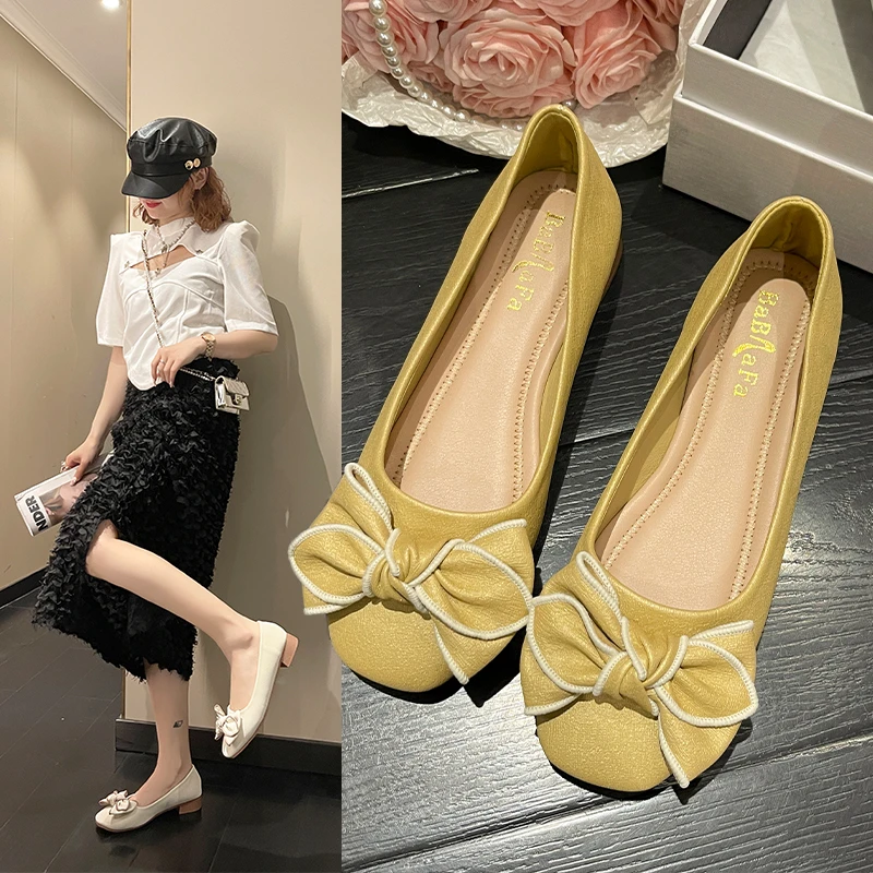 

Elegant Korean Shoes Female Footwear Soft Casual Sneaker Bow-Knot Square Toe 2023 Comfortable Dress Boat Butterfly Grandma Flat