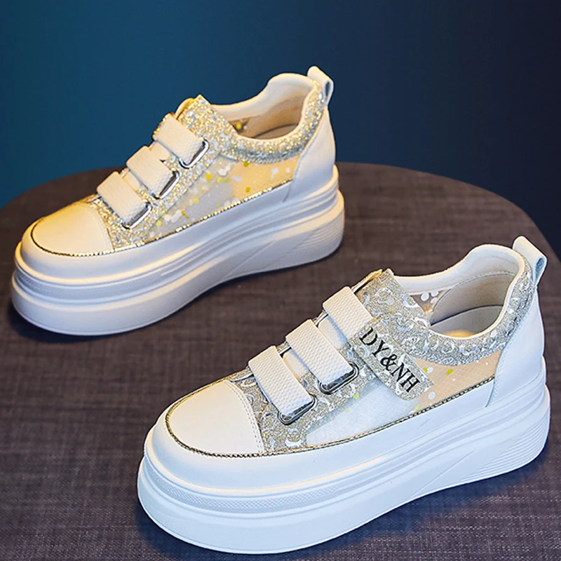 7.5CM Chunky Sneaker 2023 Fashion Air Mesh Hook&Loop Female Breathable Hidden Heels Casual Women Vulcanize Platform Woman Shoe