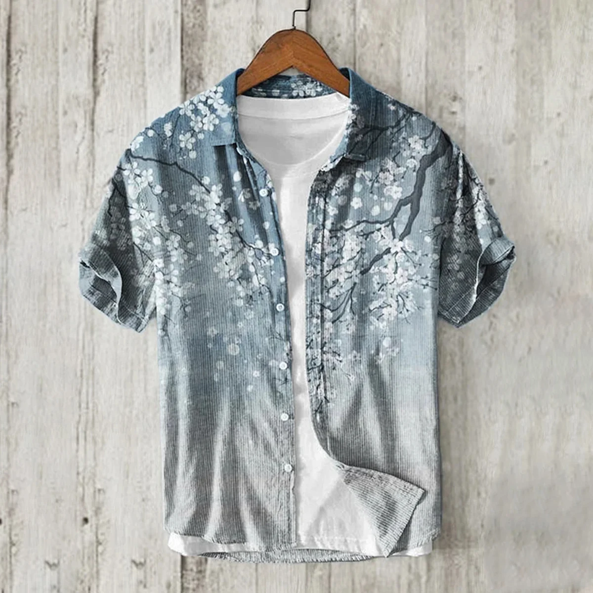 Рубашка Мужская льняная с коротким рукавом V-образным вырезом и 3D-принтом