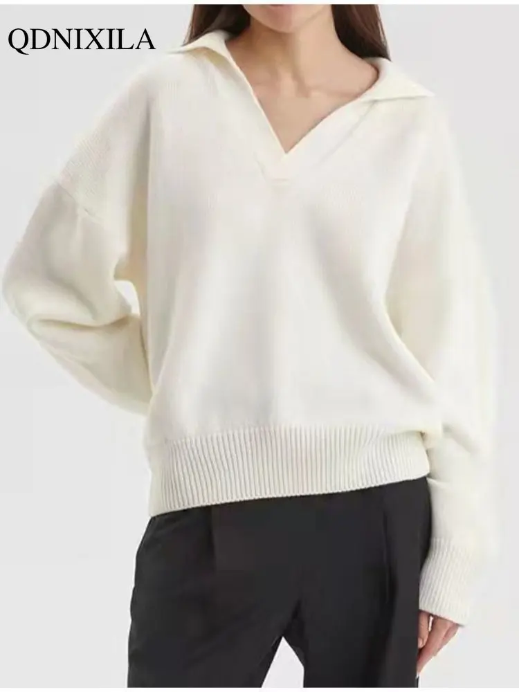 

2022 Autumn Winter Women's Sweater Knit Polo Collar V Neck Pullover Pull Long Sleeve Top Oversize Loose Casual Thic Soft Warm