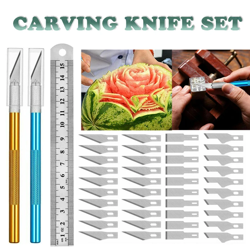 

Набор прецизионных ножей для резьбы, 43 шт., с запасными лезвиями, линейка; Деревообработка, набор инструментов для резки, для творчества, скр...