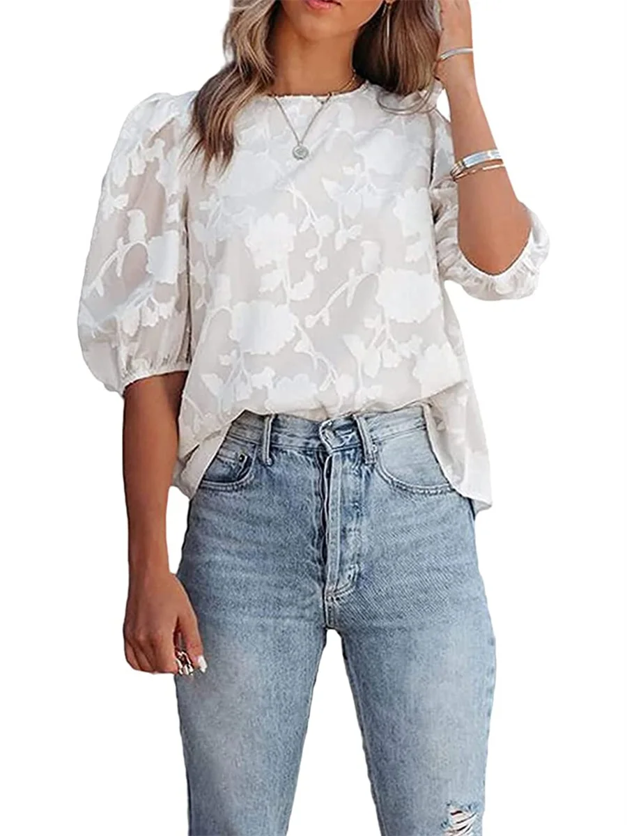 

Women s Summer 3 4 Puff Sleeve Textured Tops Casual Crewneck Chiffon Blouses Floral Babydoll Top Shirts