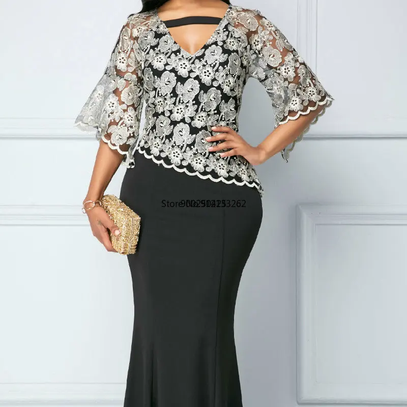 

S-5XL Summer African Dresses For Women New Dashiki Black Lace African Clothes Plus Size Retro Africa Bodycon Long Maxi Dress
