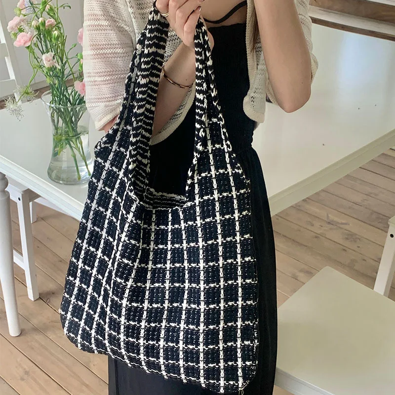 Black and White Plaid Shoulder Shopping Bag Designer Women's Korean Street Style Casual Tote Summer Trend Bright Color Wholesale
