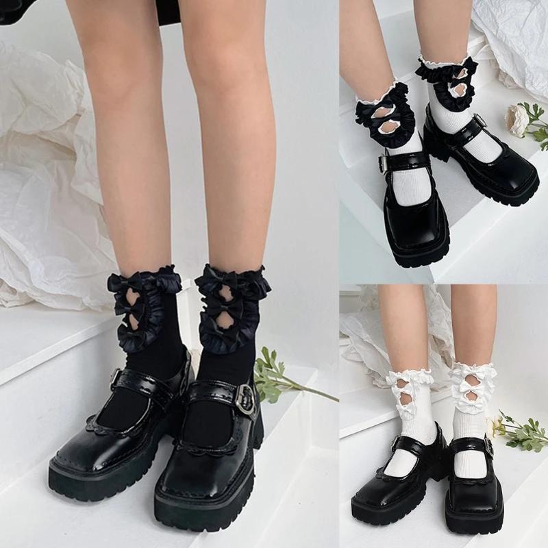 

Japanese Women Lolita Frilly Ruffle Crew Socks Harajuku Hollow Out Kawaii Sweet Bowknot Patchwork Student Ribbed Cotton Mid Tube