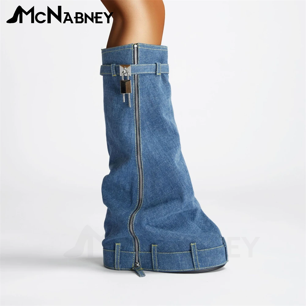 Denim Platform Biker Boots Chunky Heel Boots Metal Lock Boots Designer Style Knee High Fashion Zipper Jeans Design Women Boots