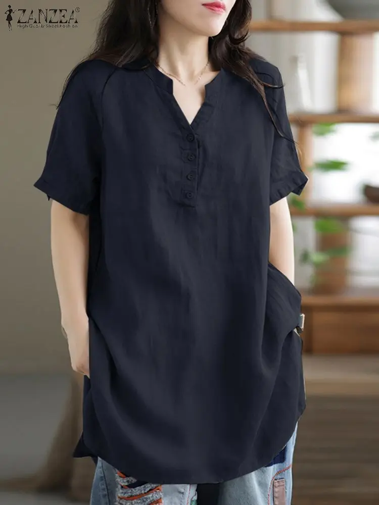 

Women's Baggy Tops Fashion V Neck Long Shirt ZANZEA Summer Causal Cotton Short Sleeve Shirts Female Work Blusas Baggy Chemise