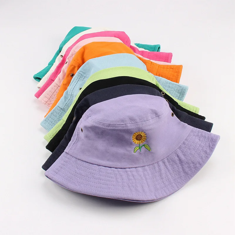 

2022 New Sunflower Embroidery Sunshade Bucket Hats Female Panama Thin Section Breathable Outdoor Leisure Fisherman Hat Summer