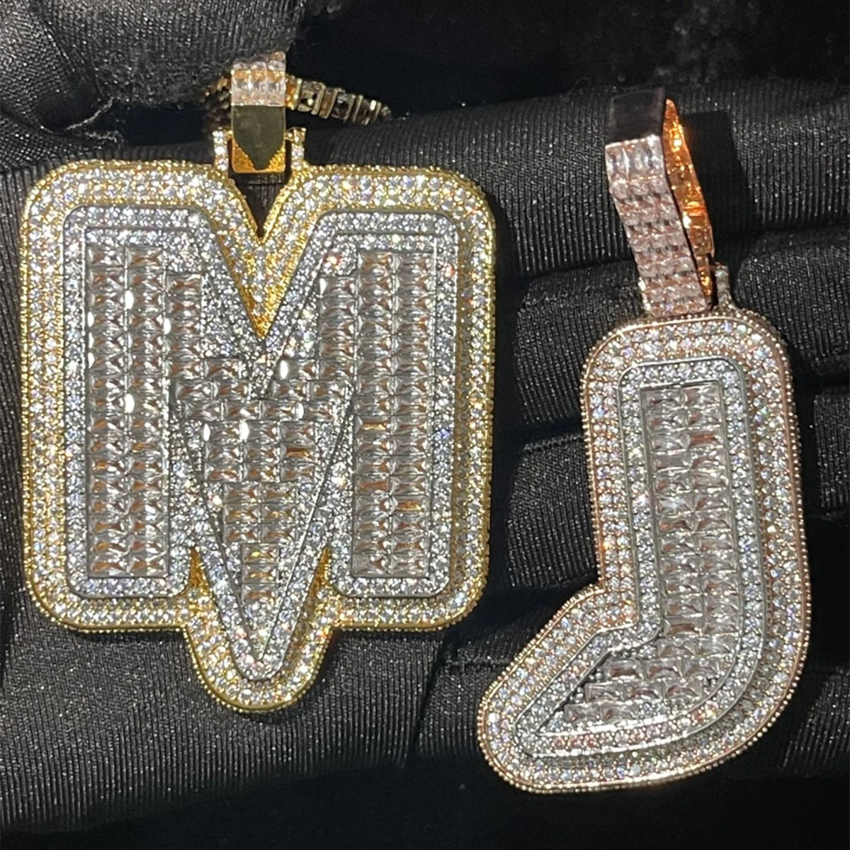 Aokaishen A~Z Single Baguette Letter Name Necklace Chain For Men Full Zircon Pendant Rock Rapper Hip Hop Jewelry