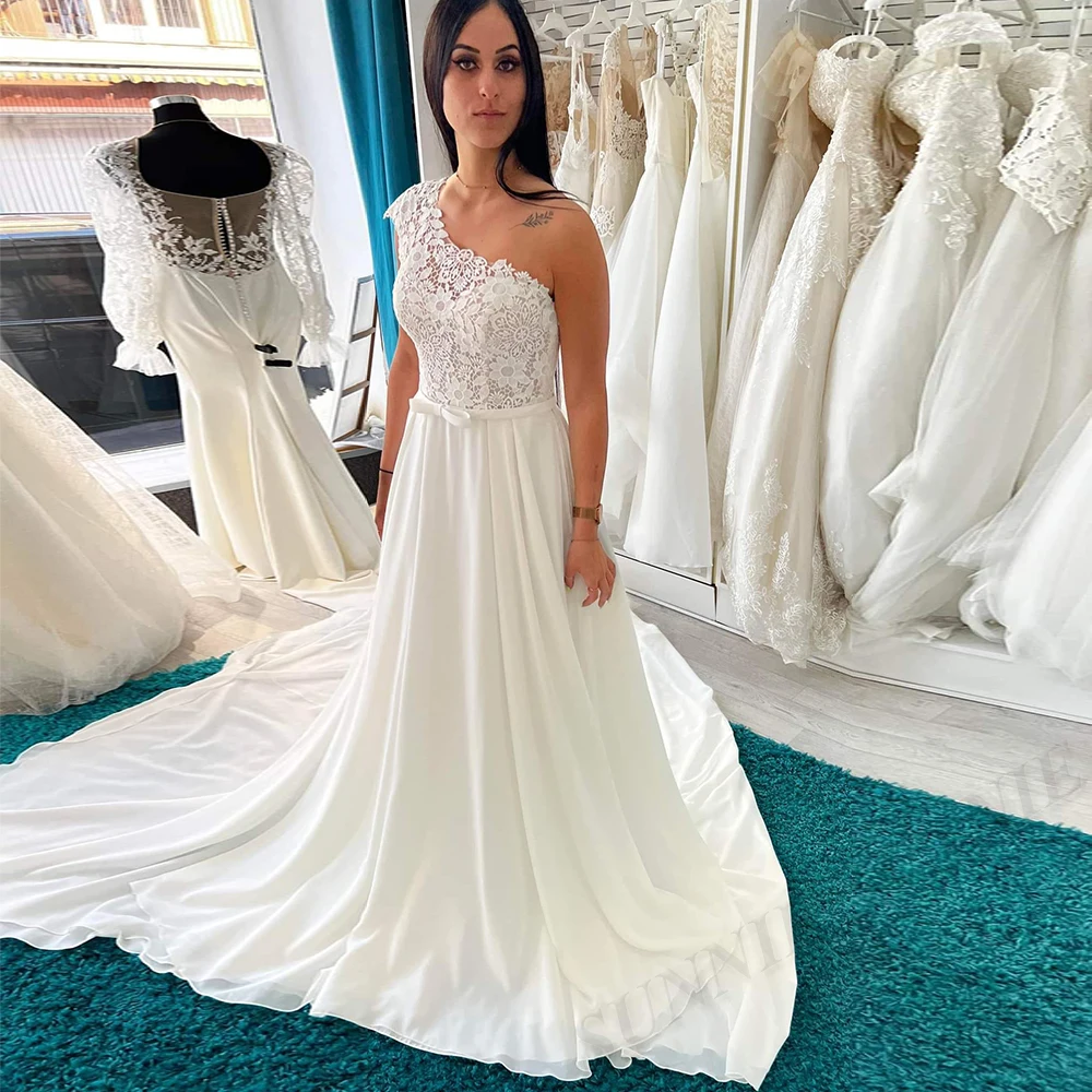 

Chiffon A Line White Wedding Dress For Women 2023 Bride Boho One Shoulder Floor Length Backless Custom Made Vestidos De Novia