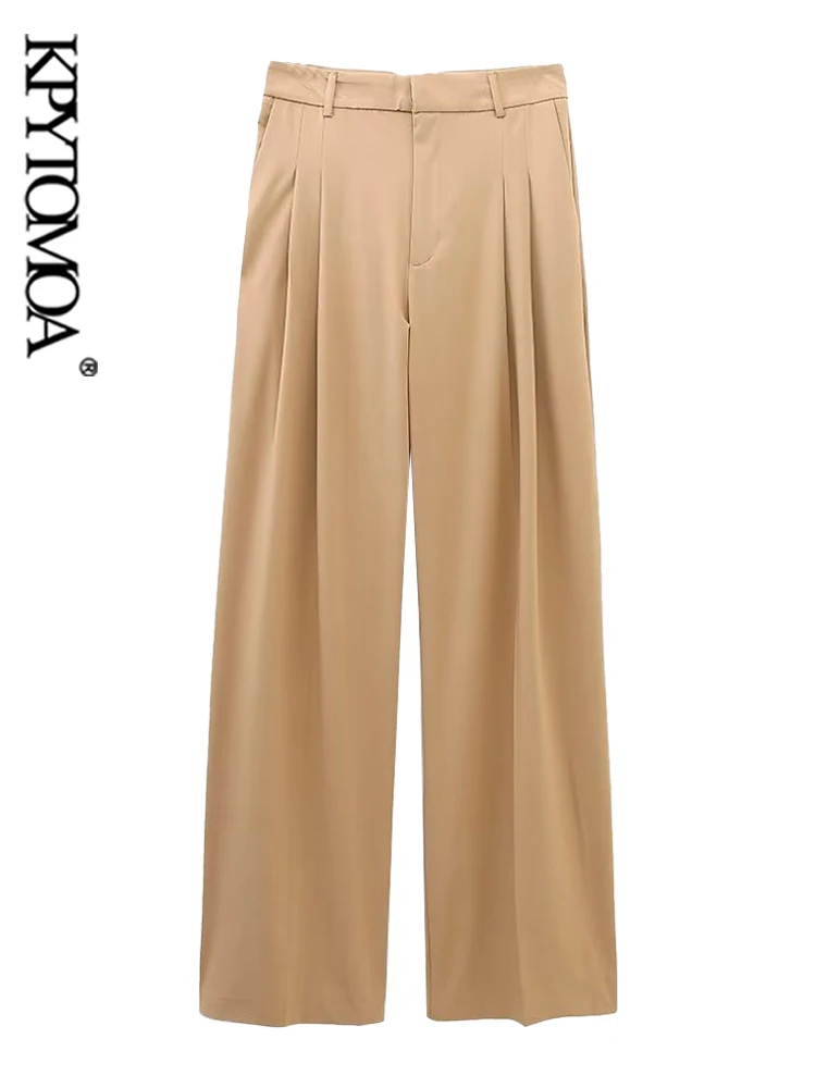 

KPYTOMOA женские модные боковые карманы полная длина плиссированные прямые брюки винтажные женские брюки со средней посадкой на молнии