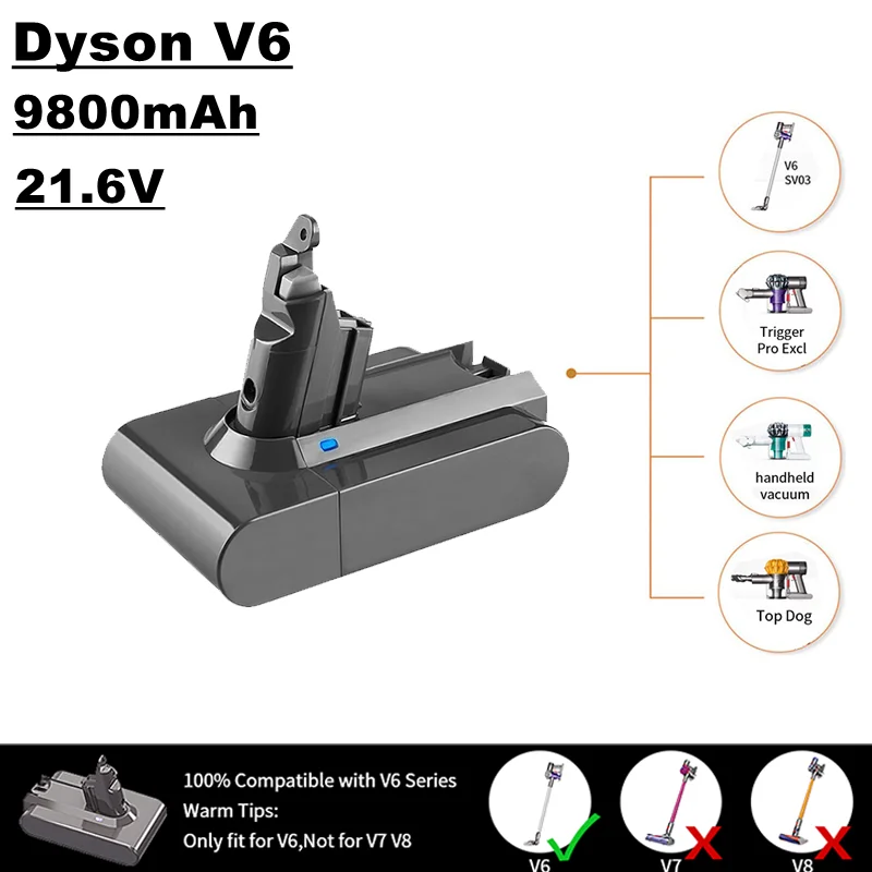 

Аккумулятор для пылесоса Dyson V6, 21,6 в, 6800 мА · ч, 9800 мА · ч, 12800 мА · ч, для моделей V6 dc62, dc58, dc59, sv09, sv07, sv03, sv05, dc74 и др.