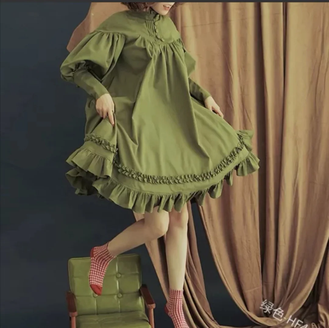 Ruffled Sweet Lolita Dress Women'S Dresses O-Neck High Waist Slimming Contrast-Color Kawaii Clothing Palace Style Dress