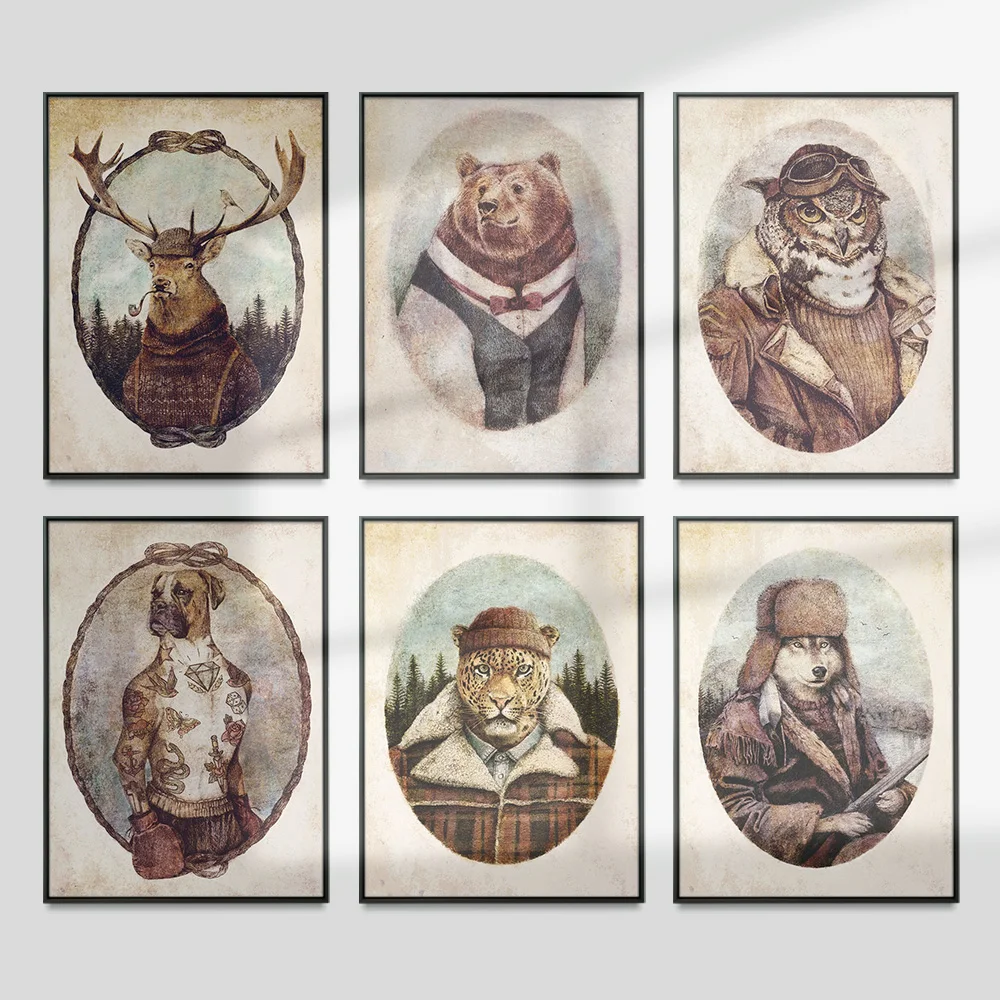 

Retro Funny Animal Personification Art Print Poster Modern Canvas Painting Wolf Owl Tiger Bear Dog Deer Fox Wall Picture Decor