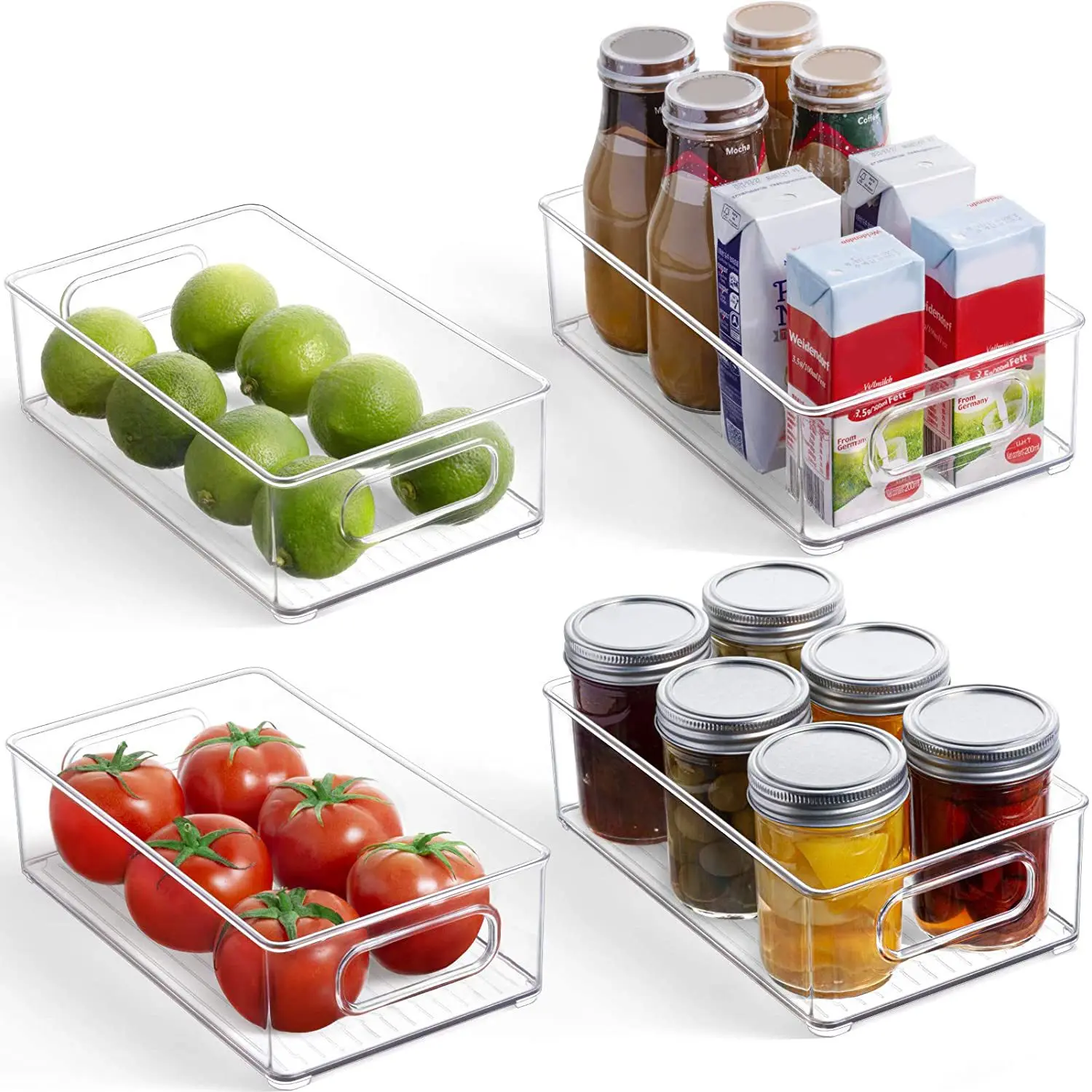 

4 Pack Refrigerator Organizer Bins - BPA-Free Stackable Plastic Clear Storage Bins with Handles, Food Storage Containers