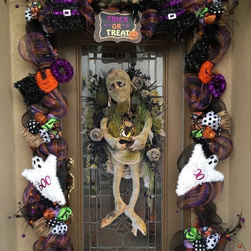 

Halloween Mummy Wreath Outdoor Horror Wall Hanging Front Door Welcome Sign Porch Decorations For Home Halloween