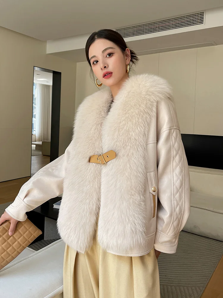 New Women Short Real Fur Coat Autumn Winter Fashion Thick Warm Fox Fur Patchwork Suede Double-faced Fur Jacket Loose Outerwear