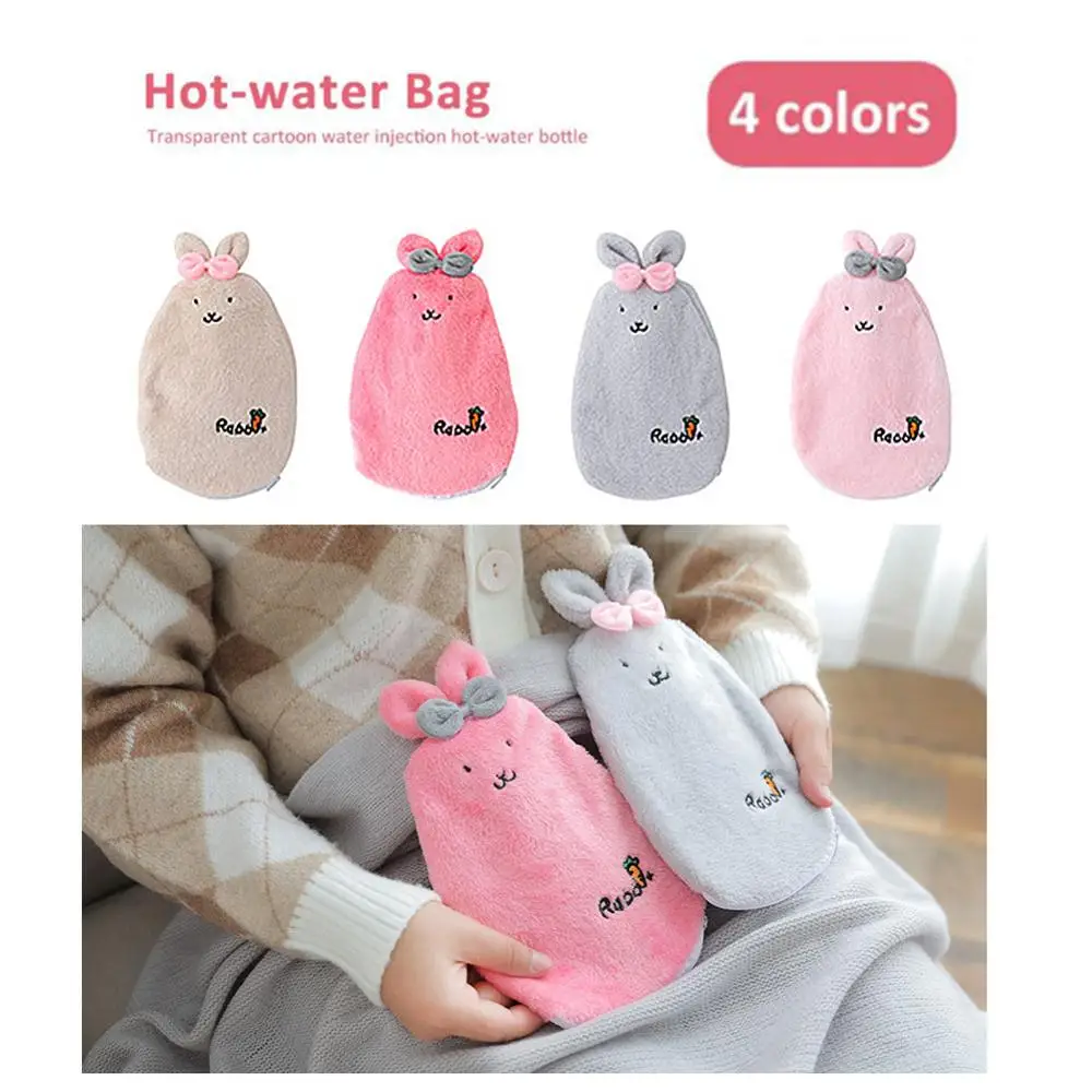 1Pc Cute Rabbit PVC Stress Pain Relief Therapy Hot Water Bottle Bag with Soft Cozy Cover Winter Warm Heat Reusable Hand Warmer