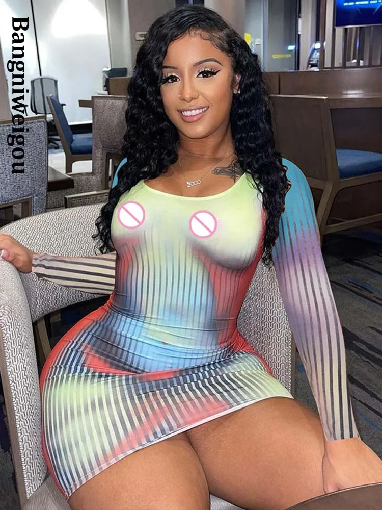 

Bangniweigou Fashion Print Y2k Casual Mini Dress O Neck Long Sleeve Short Tight Robe Women Spring Clothing