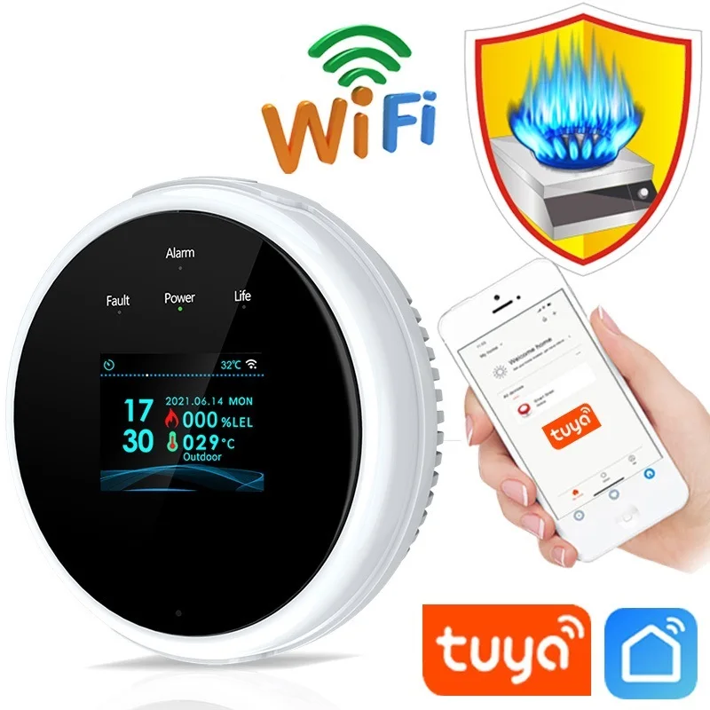 

Датчик природного газа, умный бытовой детектор утечки сжиженного углеводородного газа с Wi-Fi датчиком температуры