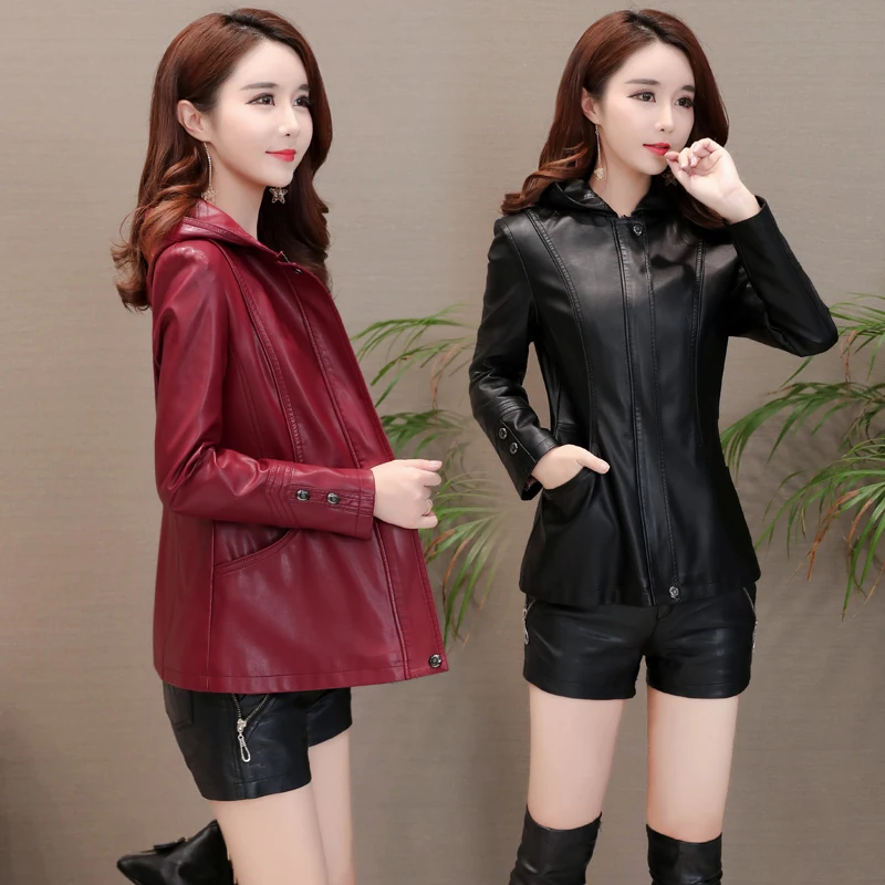 Autumn Winter Genuine Leather Jacket Women New Black Outerwear Plus Cotton Hooded Slim Short Sheepskin Coat Famale Clothing Tops