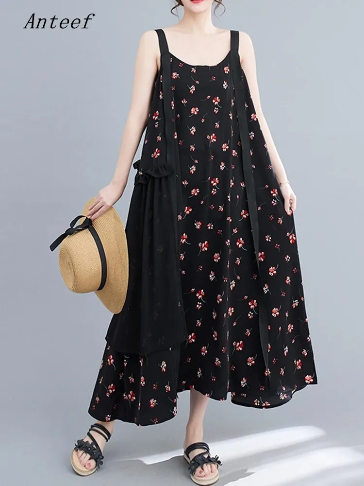 

Женское винтажное платье без рукавов Anteef, повседневное Свободное длинное летнее платье с цветочным принтом, элегантная одежда 2023