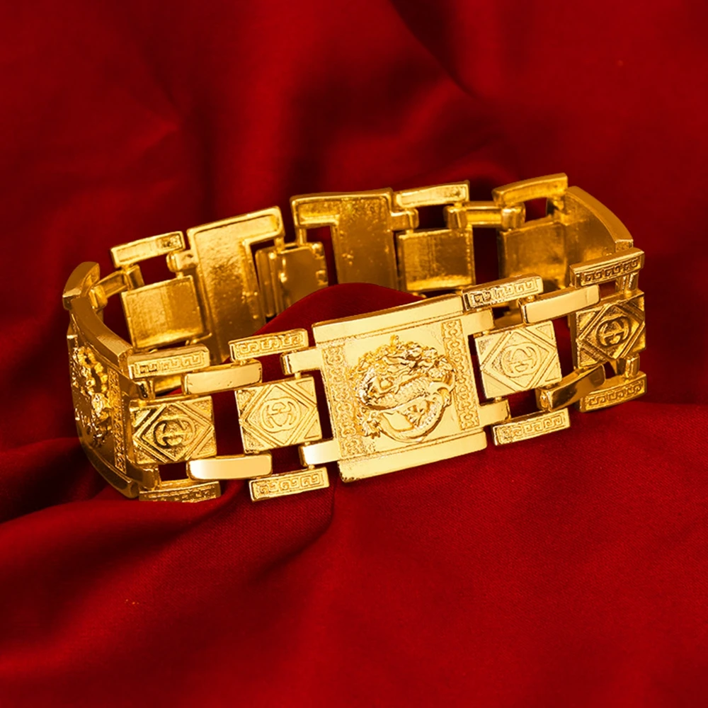 

Браслет Wirst мужской с застежкой, Классическая цепь с широким узором дракона, застежка для часов, полное 18-каратное желтое золото, крутая Подарочная бижутерия, 21 см