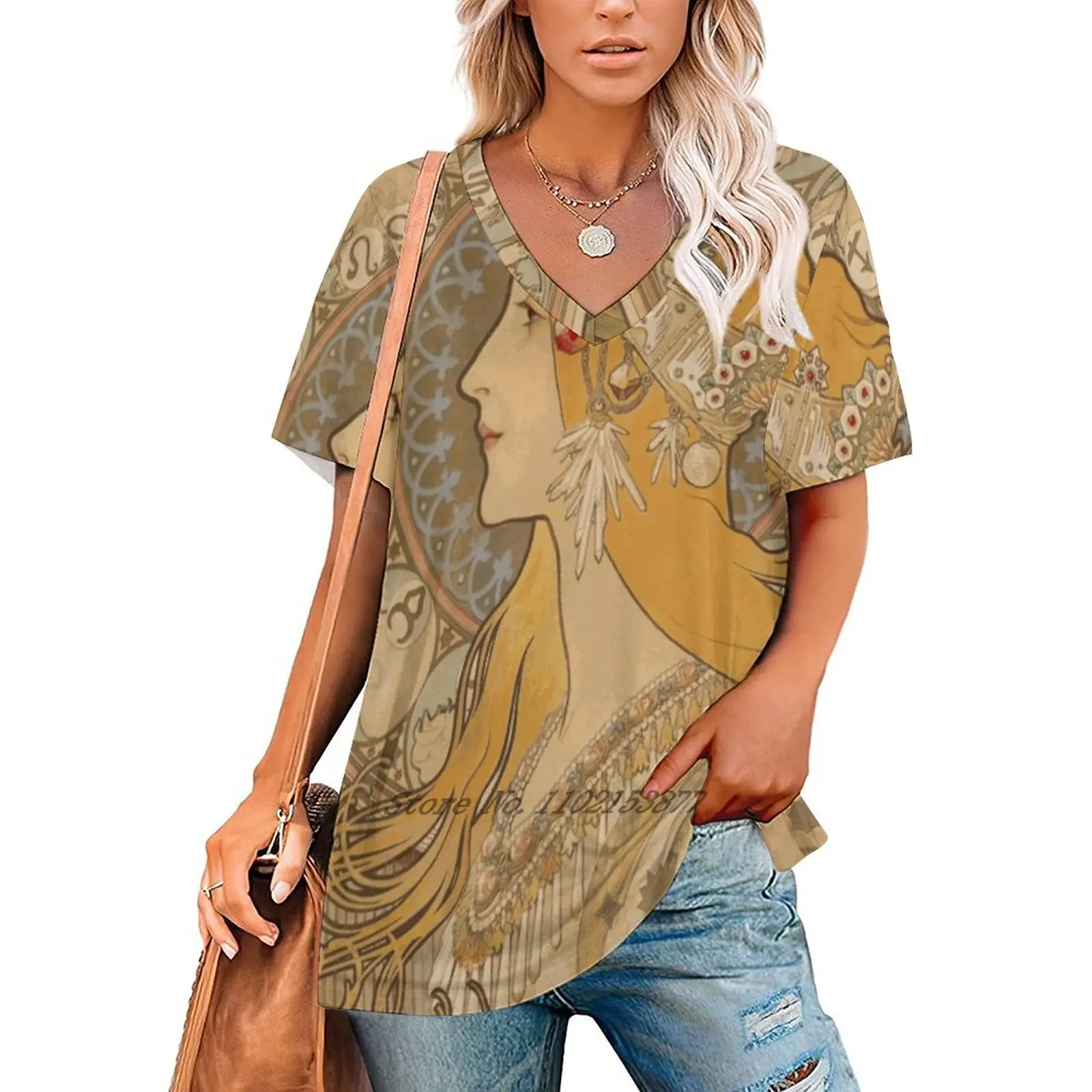 Альфонс Мария Муча. Зодиаке (Ла Плейм&quot ) 1896 - 97. Женская футболка с v-образным