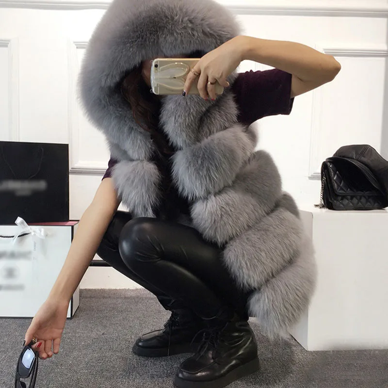Female Sleeveless Faux Fur Vest Winter Casual Outerwear Solid Fake Fox Fur Hooded Overcoats For Lady 2023 Fashion Fur Vest Femme