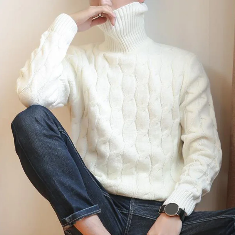 

Autum Winter Warm Turtleneck Sweater Men's Casual Loose Bottom Knitted Pullover Keep Warm Men Jumper Simple Sweater Fashion
