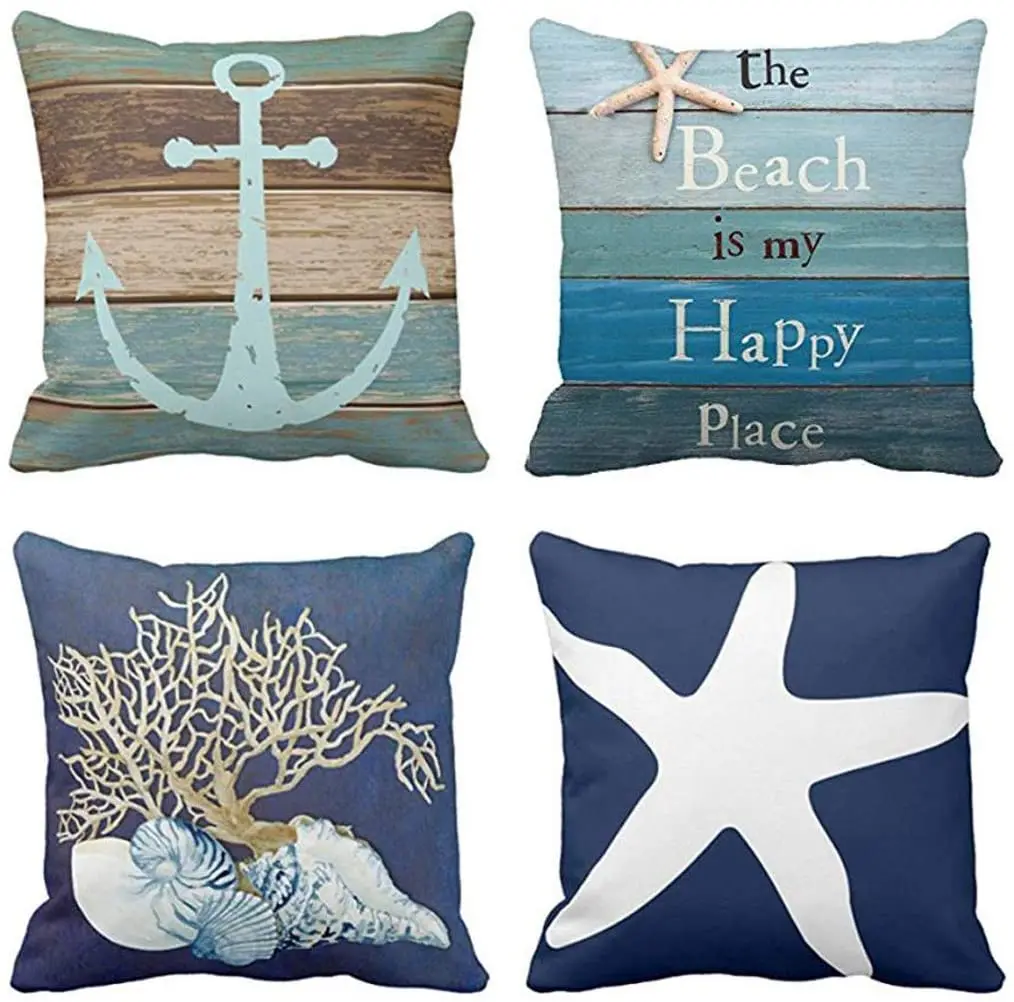 

Set of 4 Throw Pillow Covers Nautical Coastal Beach and Blue Turquoise Anchor Weathered Wood Old Decorative Pillow Cases