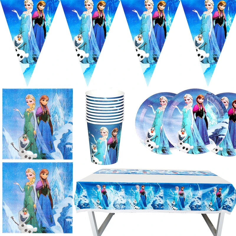 

51pcs/lot Frozen Elsa Anna Princess Theme Plates Cups Decorations Hanging Banner Tablecloth Happy Birthday Party Flags Napkins