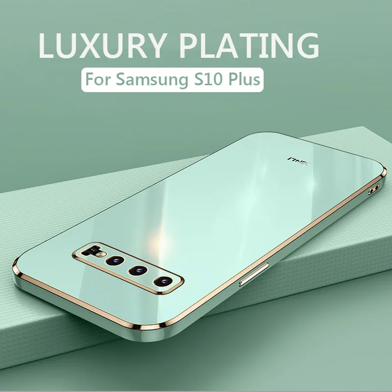 

Luxury Square Plating Phone Case On For Samsung Galaxy S10 Plus S10Plus ShockProof Soft TPU Silicone Back Cover Fundas