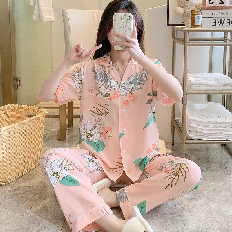 Night Wear For Women Thin Loose Sleepwear Big Size Clothing Loungewear Homewear Summer Pajamas Set Turn-down Collar Short Sleeve