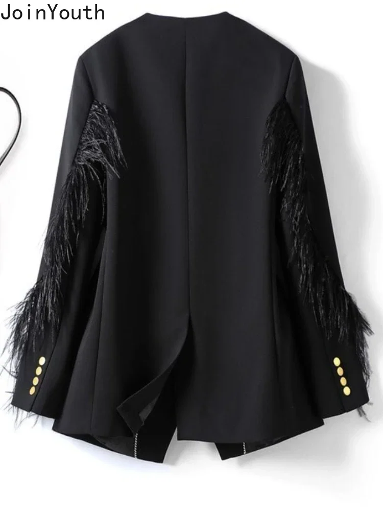 Куртка женская оверсайз в Корейском стиле пиджак пэчворк с перьями модная