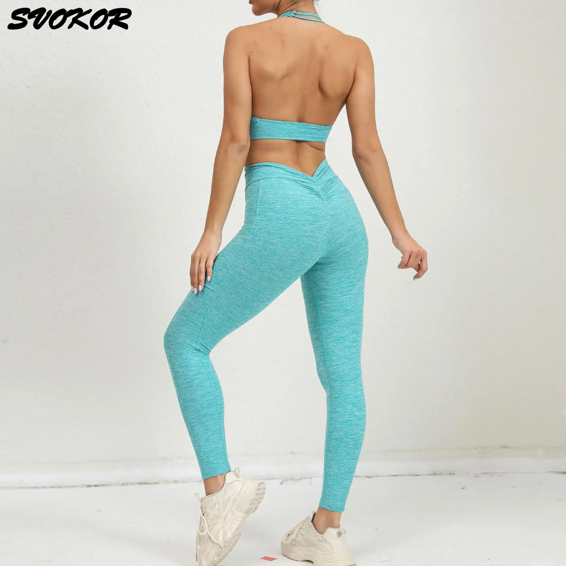 

SVOKOR 2PCS Yoga Set Hanging Neck Sports Bra with V-Waist Workout Leggings Butt Lift Workout Suit Elastic Slim Sportswear