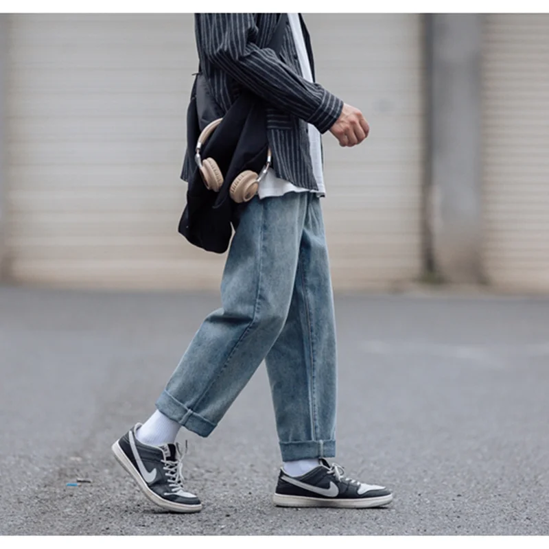 Streetwear Men 2022 New Pattern Recreational Vintage Blue Jeans Loose Straight Cylinder Broad Leg Trousers Autumn Female Trend