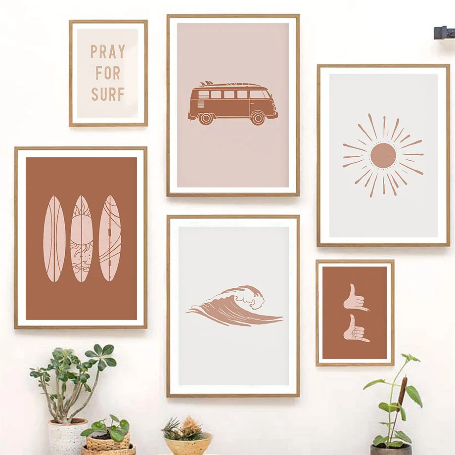 

Абстрактная доска для серфинга, волнистые пальмы, рандомные принты, Пляжная Картина на холсте в стиле бохо, настенные картины, декор для гостиной и дома