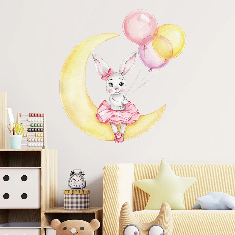

lovely Cartoon rabbit balloon moon goodnight children's room kindergarten porch household DIY wall decoration PVC wall paste