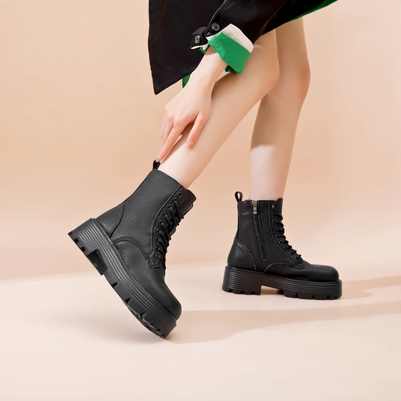 AIYUQI Short Boots Women Genuine Leather 2023 New Winter British Style Women Ankle Boots Platform With Fur Marton Boots Women