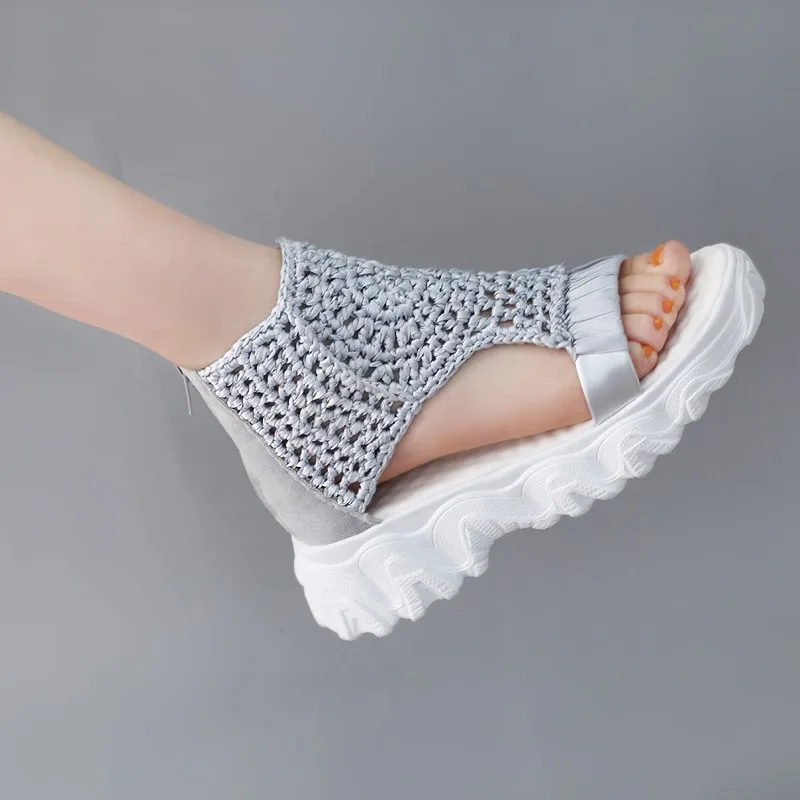 Sandals Women Braided Geometric Wedge Sandals Knitted Elastic Summer Shoes Mesh Flat Sandals Hollow Female Platform Shoes