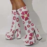 custom women shoes big size 47 round toe platform square heel knee high boots flower print white pink booty side zip