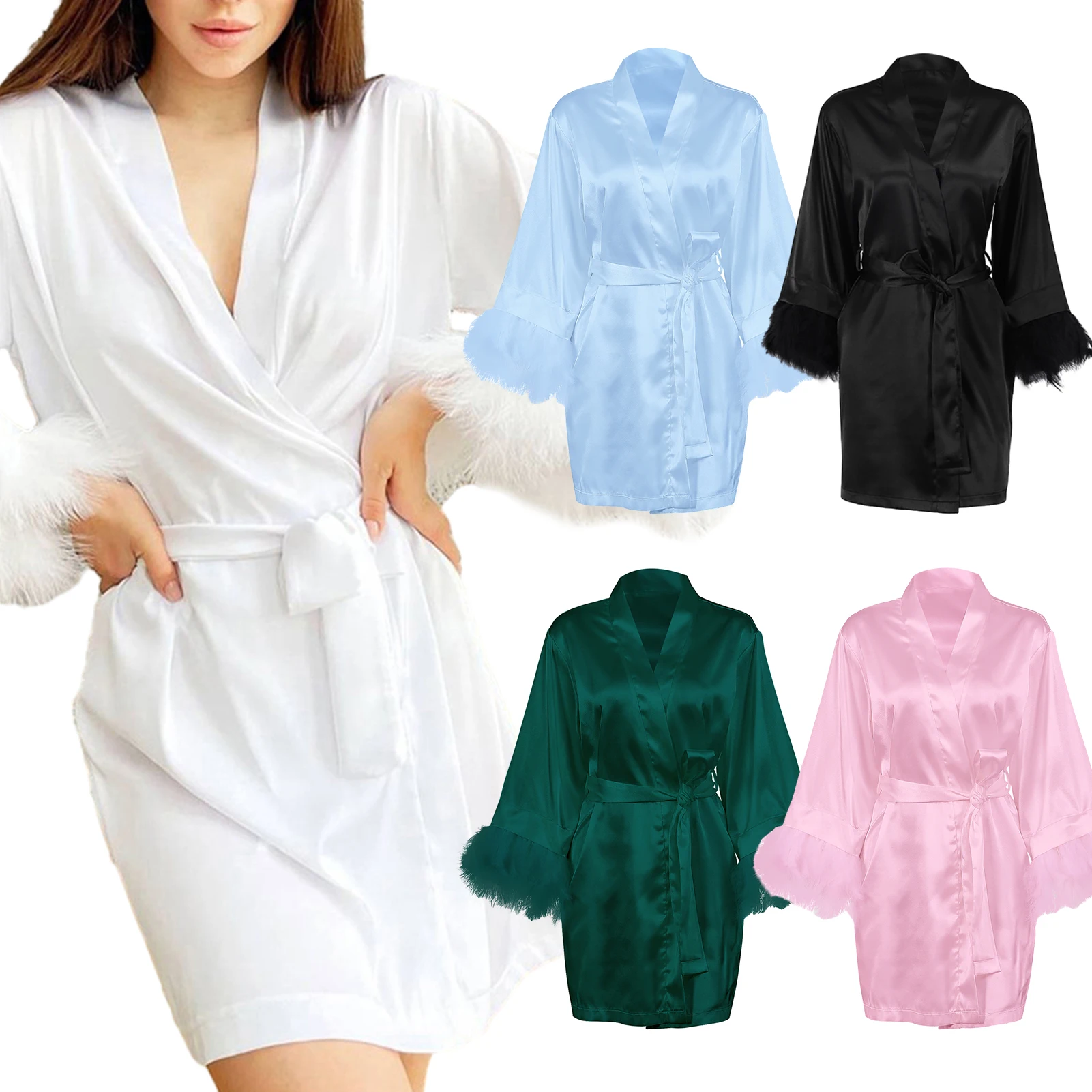 

Женский халат с длинным рукавом, короткая ночная рубашка с открытым спереди, утренние халаты с поясом, халат подружки невесты, праздничный наряд с V-образным вырезом