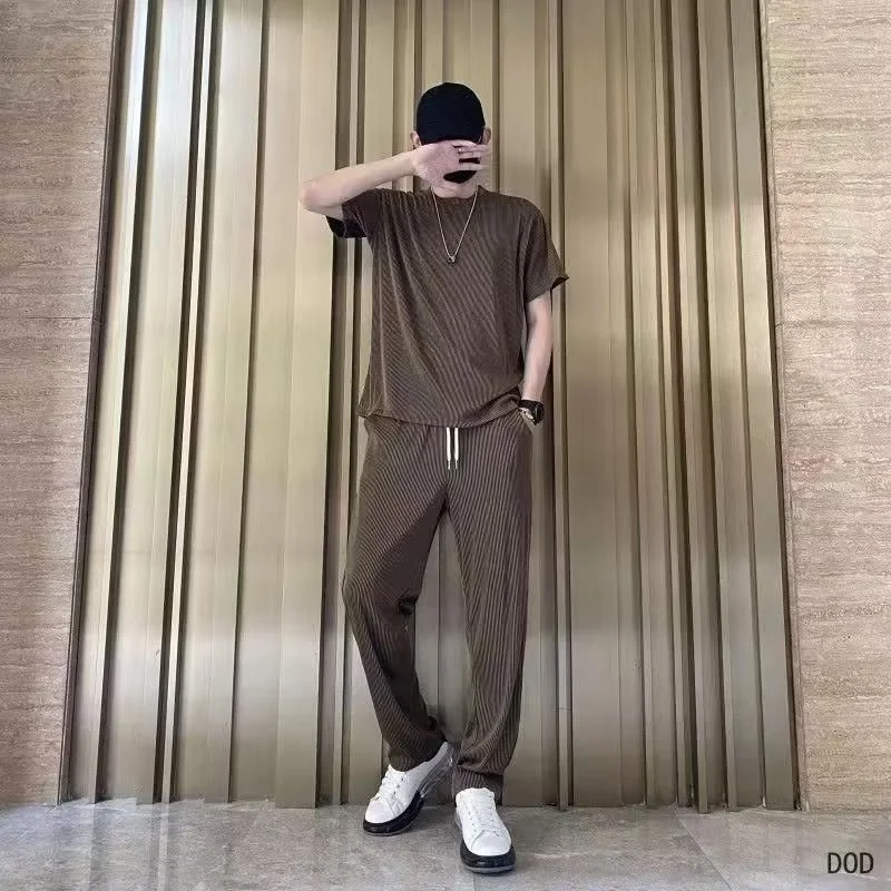 Men's 2023 summer fashion loose large size ice silk suit classic crewneck casual solid color high-quality two-piece set M-5XL