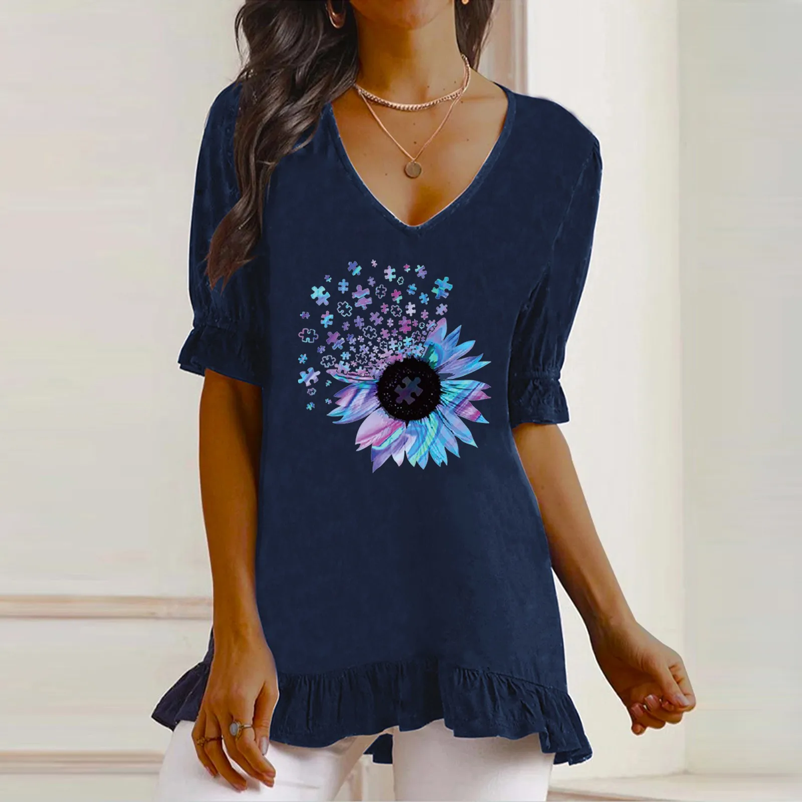 

Женская льняная блузка с коротким рукавом, V-образным вырезом и цветочным принтом