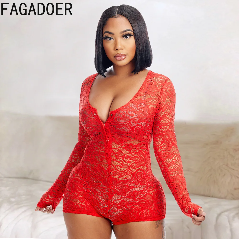 

FAGADOER Sexy Bodycon Mesh Hollow Out Jumpsuits Women Deep V Button Rompers Female Nightclub Party Clothing One Piece Playsuits