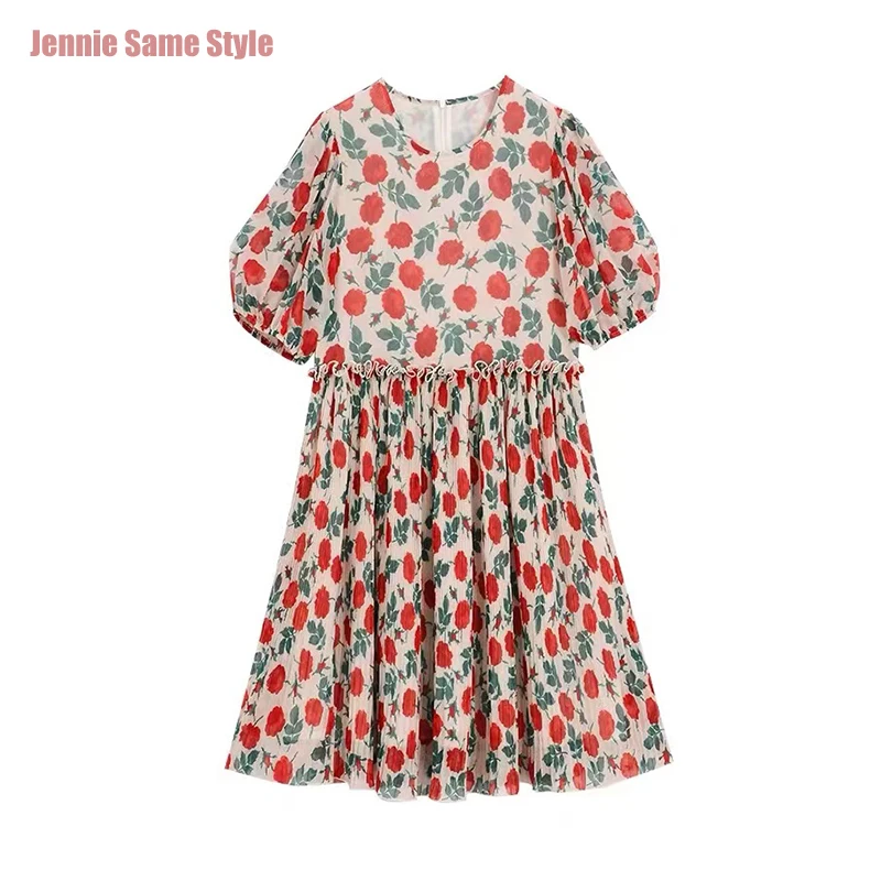 

Women Summer Rose Print Pleated Mini Dresses Puff Sleeve High Waist O-neck Folds Female Short Cupcake Dress Jennie Same Styles