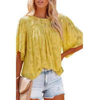 2022 spring leisure sweet women tops floral blouse chiffon women shirts pleated bell sleeves babydoll crew neck lace y2k tops